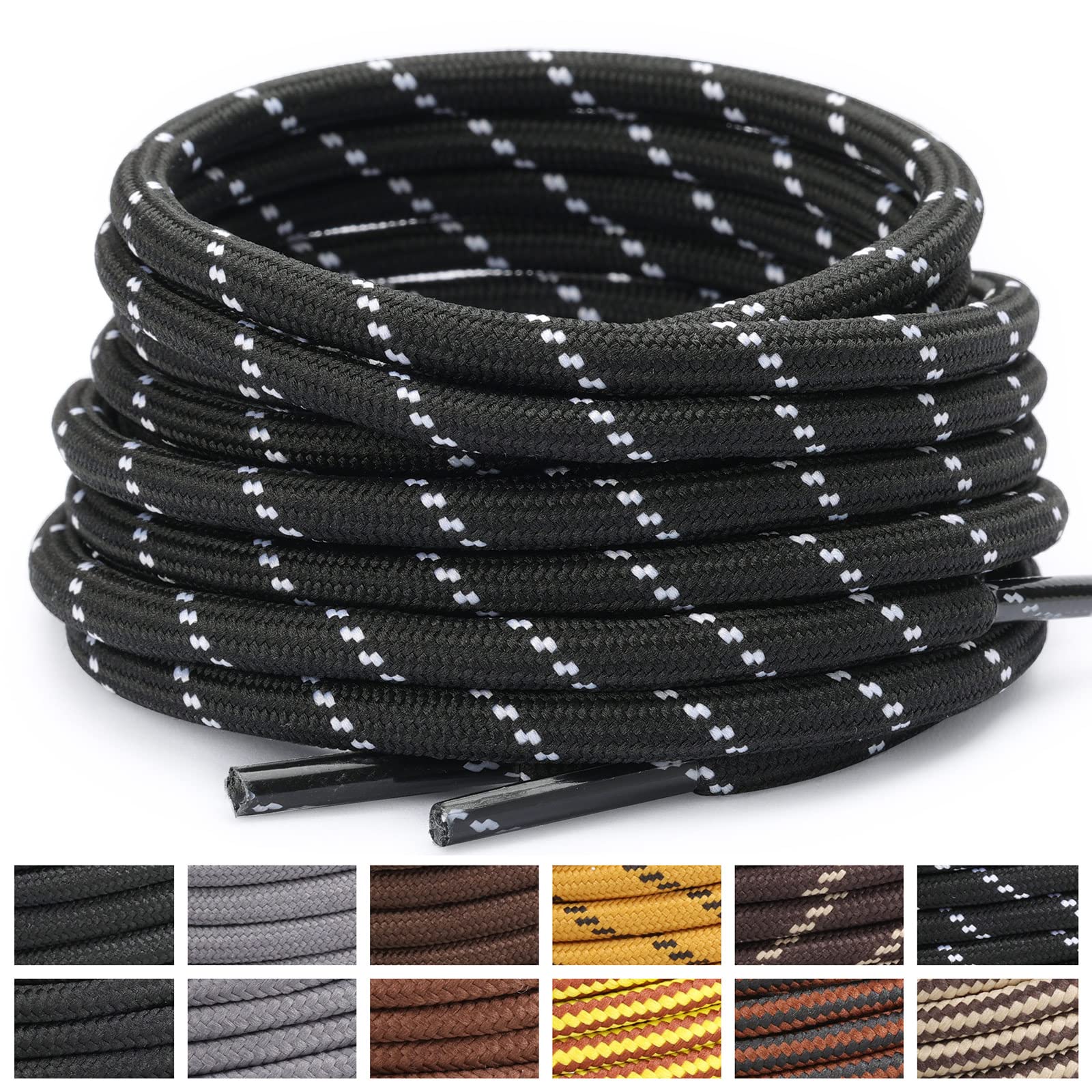 Stepace Round Shoelaces [2 Pairs] Heavy Duty Boot Shoe Laces for Hiking Work Boots Black White-120(Dots)