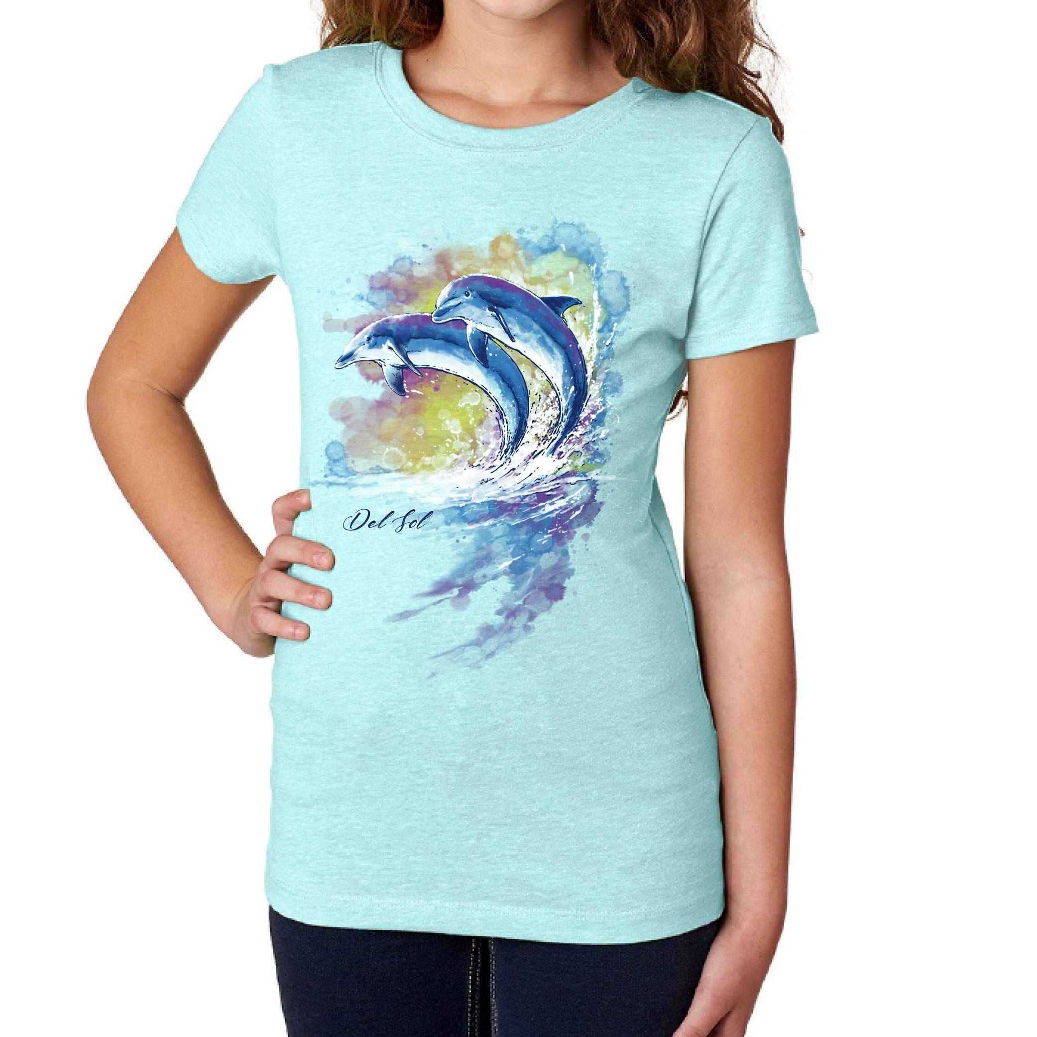 Girls Crew Tee - Watercolor Dolphins - Ice Blue by DelSol for Women - 1 Pc T-Shirt (YXS)