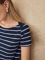 Toochki Womens Cap Sleeves Top with Striped Printed Regular Fit and Boat Neck Regular Length