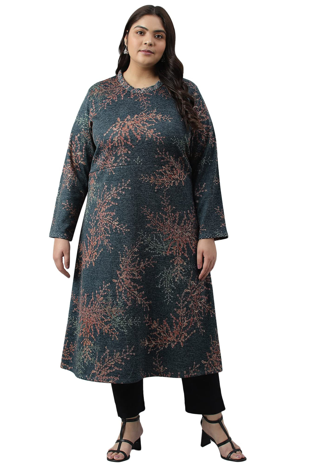 W For Woman Dark Blue Light Festive Jacquard Plus Size Winter Kurta_22Now18504G-120017_5Xl