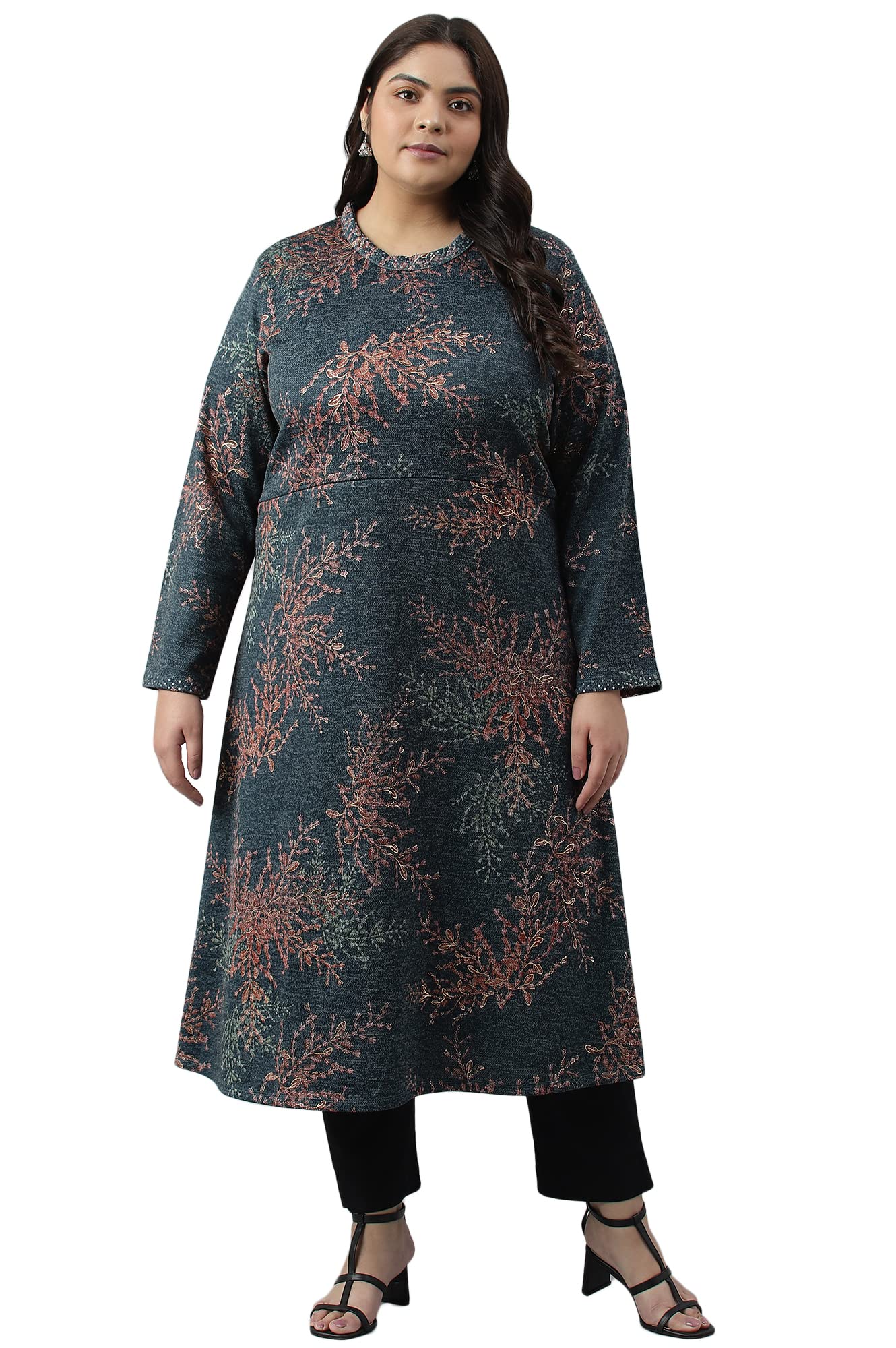 W For Woman Dark Blue Light Festive Jacquard Plus Size Winter Kurta_22Now18504G-120017_5Xl