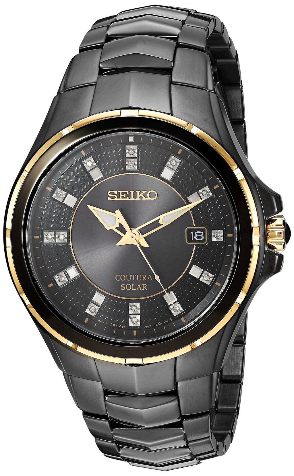 SEIKO SNE506 Watch for Men - Coutura Collection - Solar Powered, with Diamond Markers, Black Ion Finish with Gold Accents, Stain