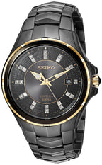SEIKO SNE506 Watch for Men - Coutura Collection - Solar Powered, with Diamond Markers, Black Ion Finish with Gold Accents, Stain