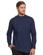 Manyavar Printed Full Sleeves Casual Wear Short Kurta For Men - (Dark Blue, X-Large)