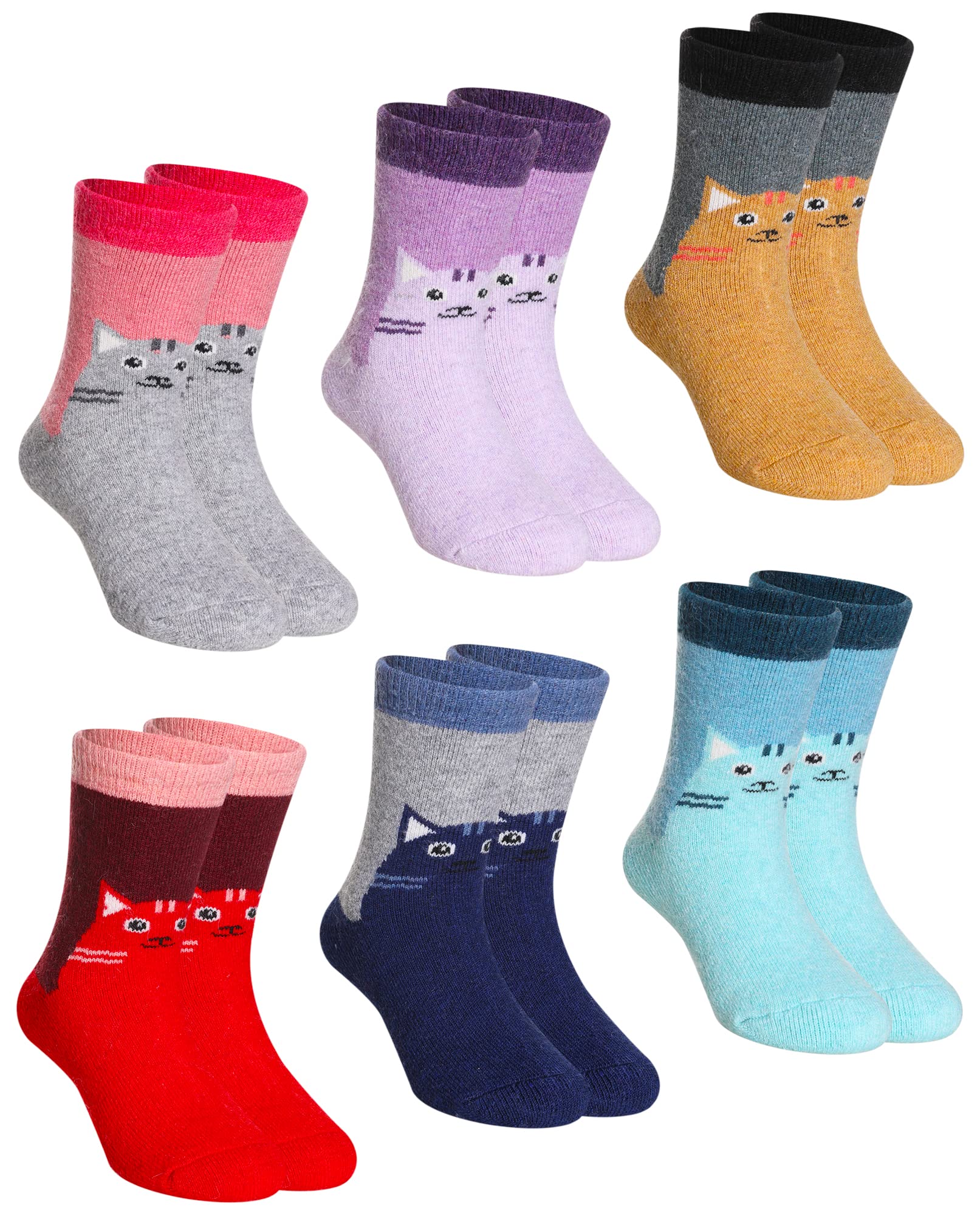 childrens Winter Warm Wool Solid color Socks Kids Boy girls Thermal crew Socks 6 Pairs (6 Pairs cat, 8-12 Years)
