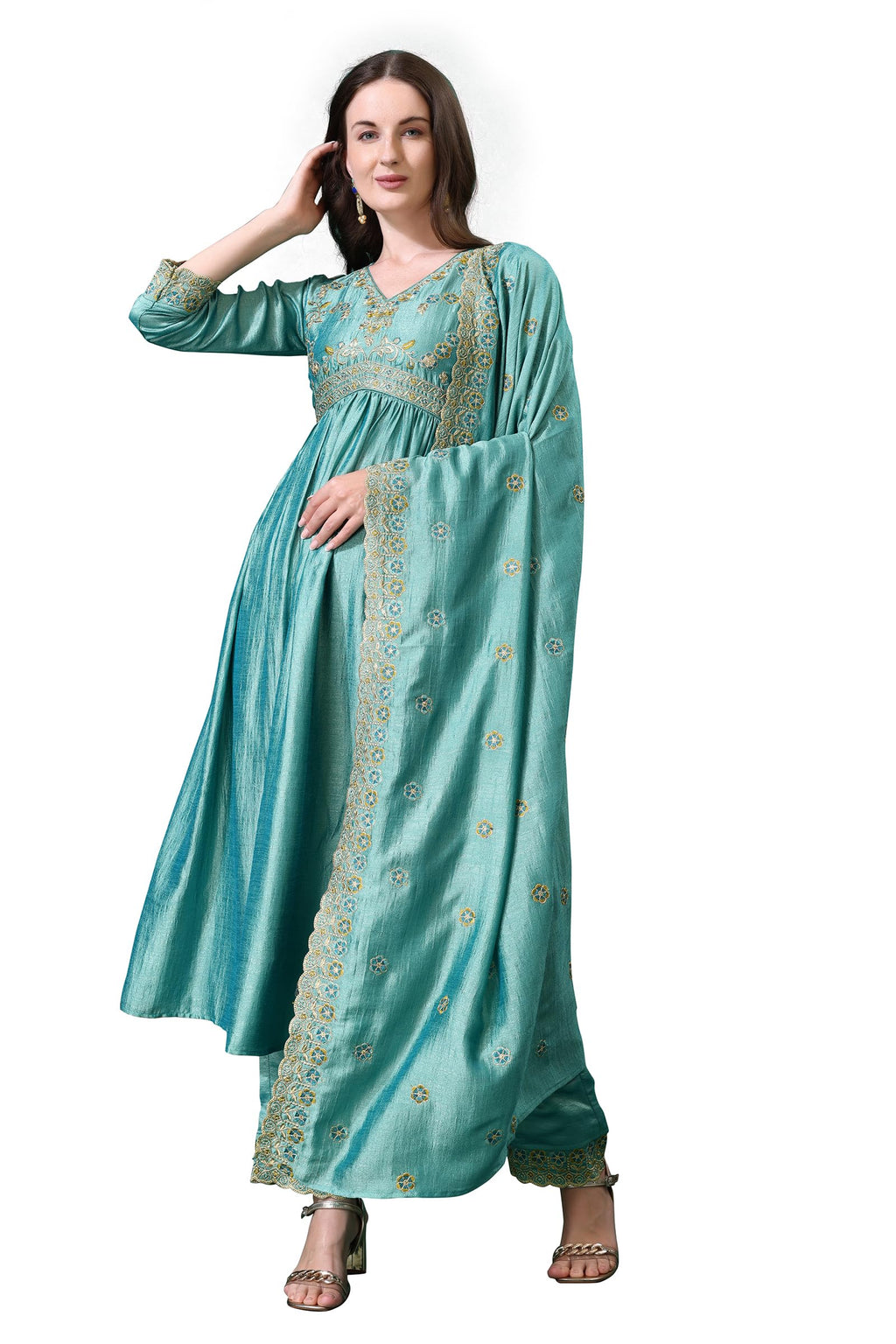 Pratham Blue WomenS Silk Embroidered Anarkali Kurta Palazzos With Dupatta |Kurta Set For Women |Women Kurta |Women Embroidered 