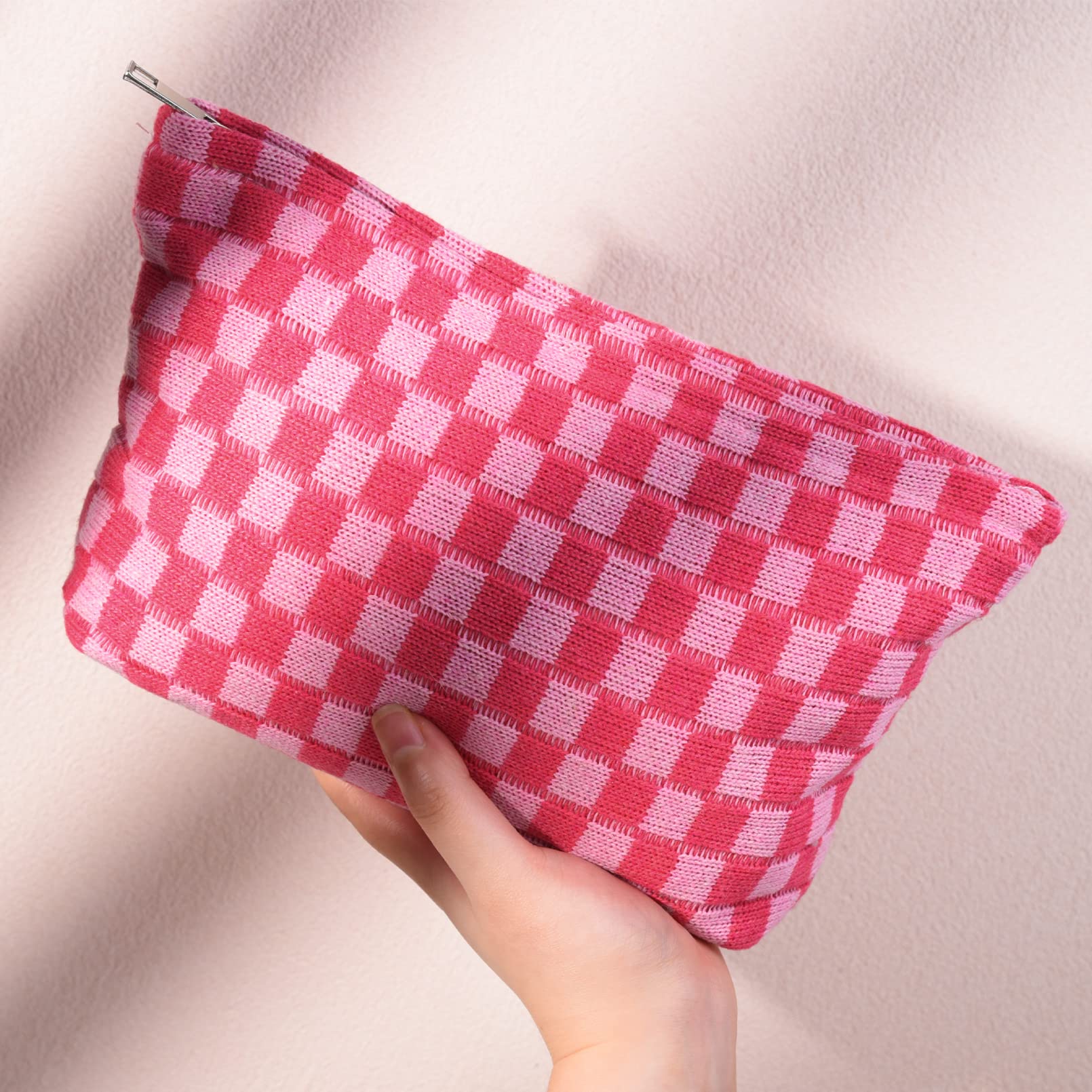SOIDRAM 2 Pieces Makeup Bag Large Checkered Cosmetic Bag Capacity Canvas Travel Toiletry Bag Organizer Cute Makeup Brushes Aesth