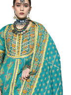 Ishin Women'S Cotton Embroidered A-Line Layered Kurta With Sharara & Dupatta