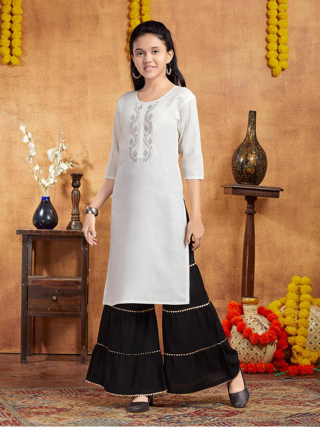 Aarika Girls Casual Wear White Colour Embellished Cotton Kurti (9-16 Years)