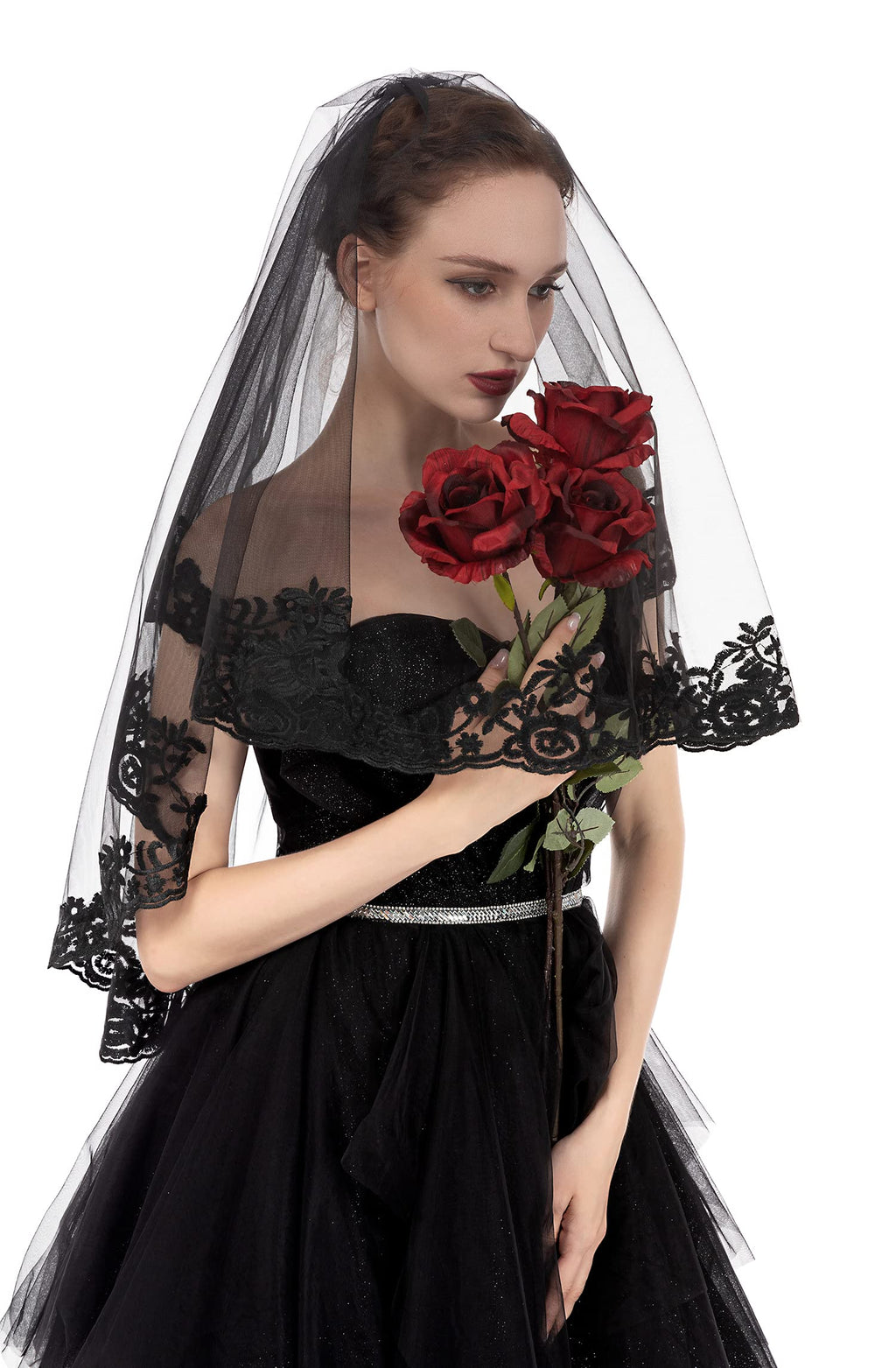 PAMOR Black Lace Veil Creative Mantilla Cathedral Tulle Sheer Wedding Halloween Veil for Bride With Comb