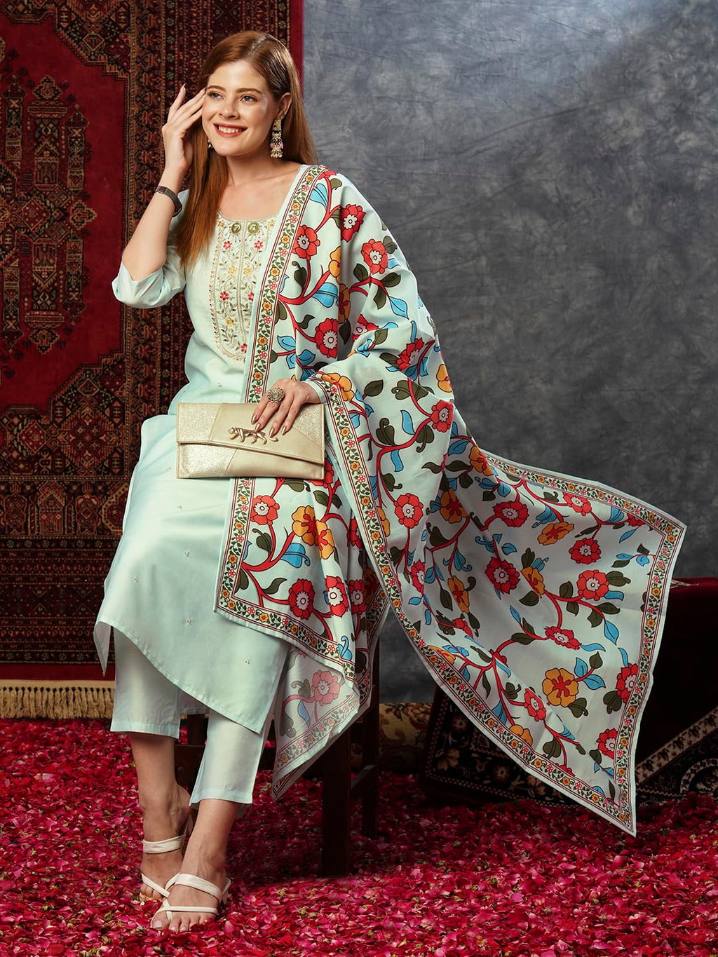 ANNI DESIGNER Ladies Cotton Blend Kurta with Trousers and Dupatta, grey, M
