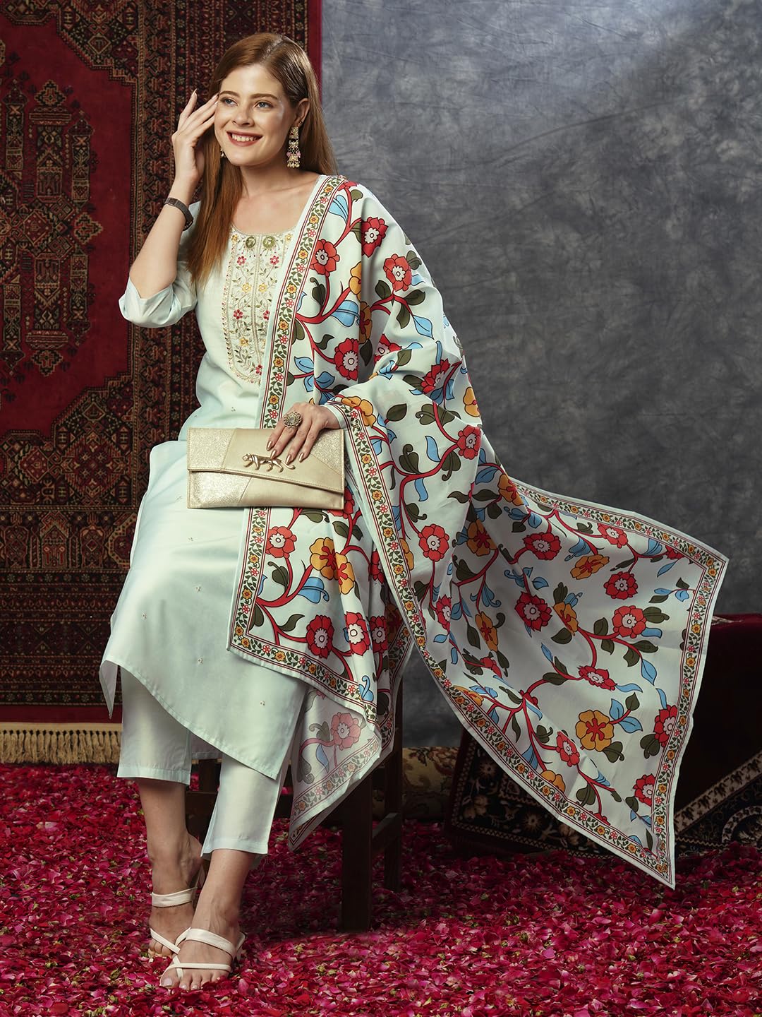 ANNI DESIGNER Ladies Cotton Blend Kurta with Trousers and Dupatta, grey, M