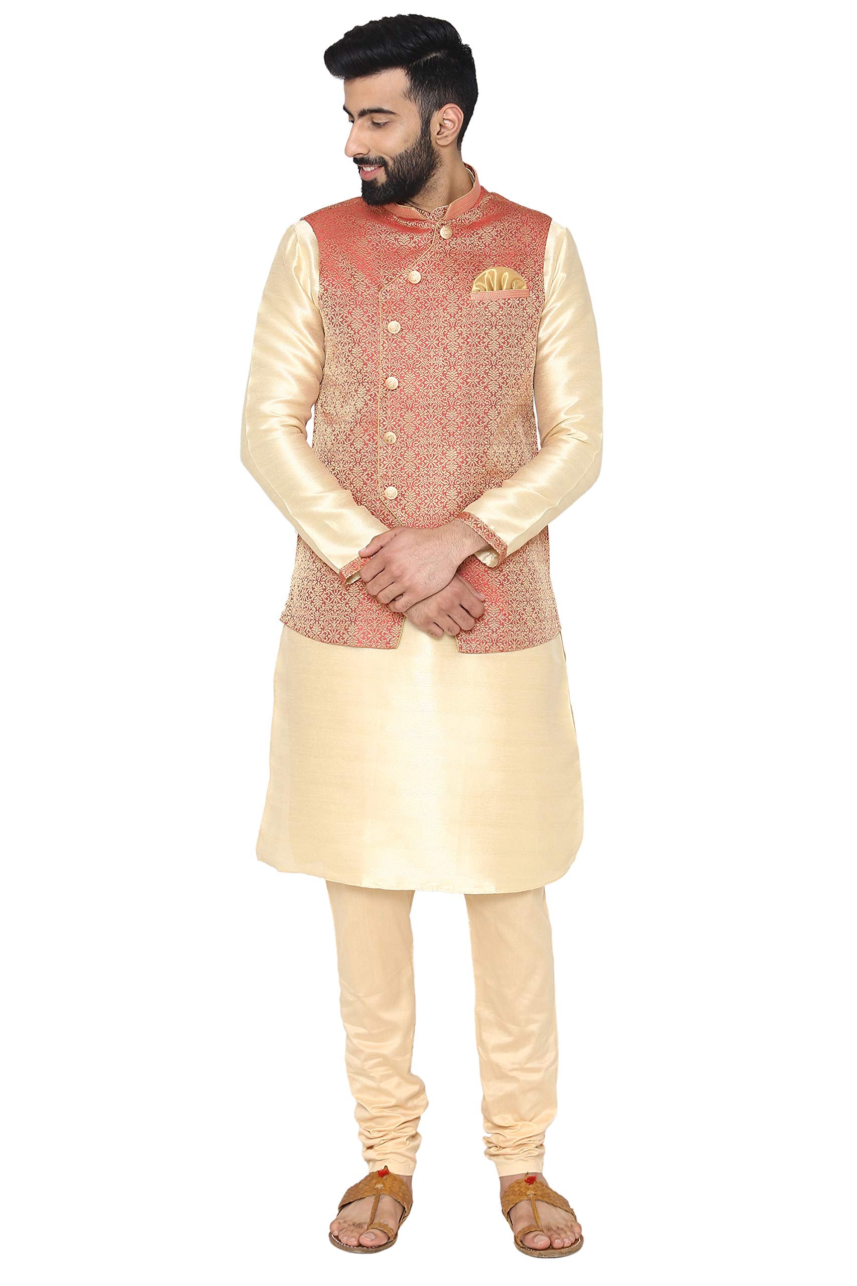 Manyavar MenS Kurta Paired With Churidar & Waistcoat, Peach-Beige - Large (Jast064-342)