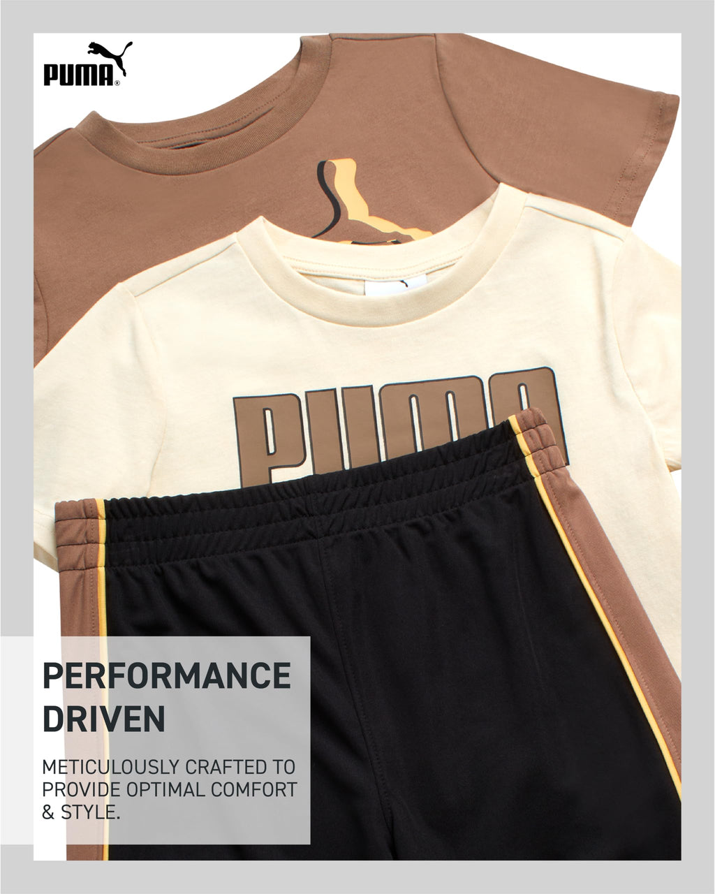PUMA Boys' Short Set - 3 Piece Short Sleeve Graphic T-Shirts and Active Shorts Outfit Set for Boys (Sizes: 2T-7), Size 2T, Brown