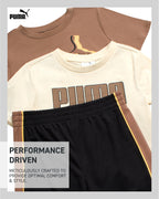 PUMA Boys' Short Set - 3 Piece Short Sleeve Graphic T-Shirts and Active Shorts Outfit Set for Boys (Sizes: 2T-7), Size 2T, Brown