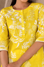 W WomenS Light Yellow Floral Printed Cotton Kurta Dupatta Bottomwear With Lace