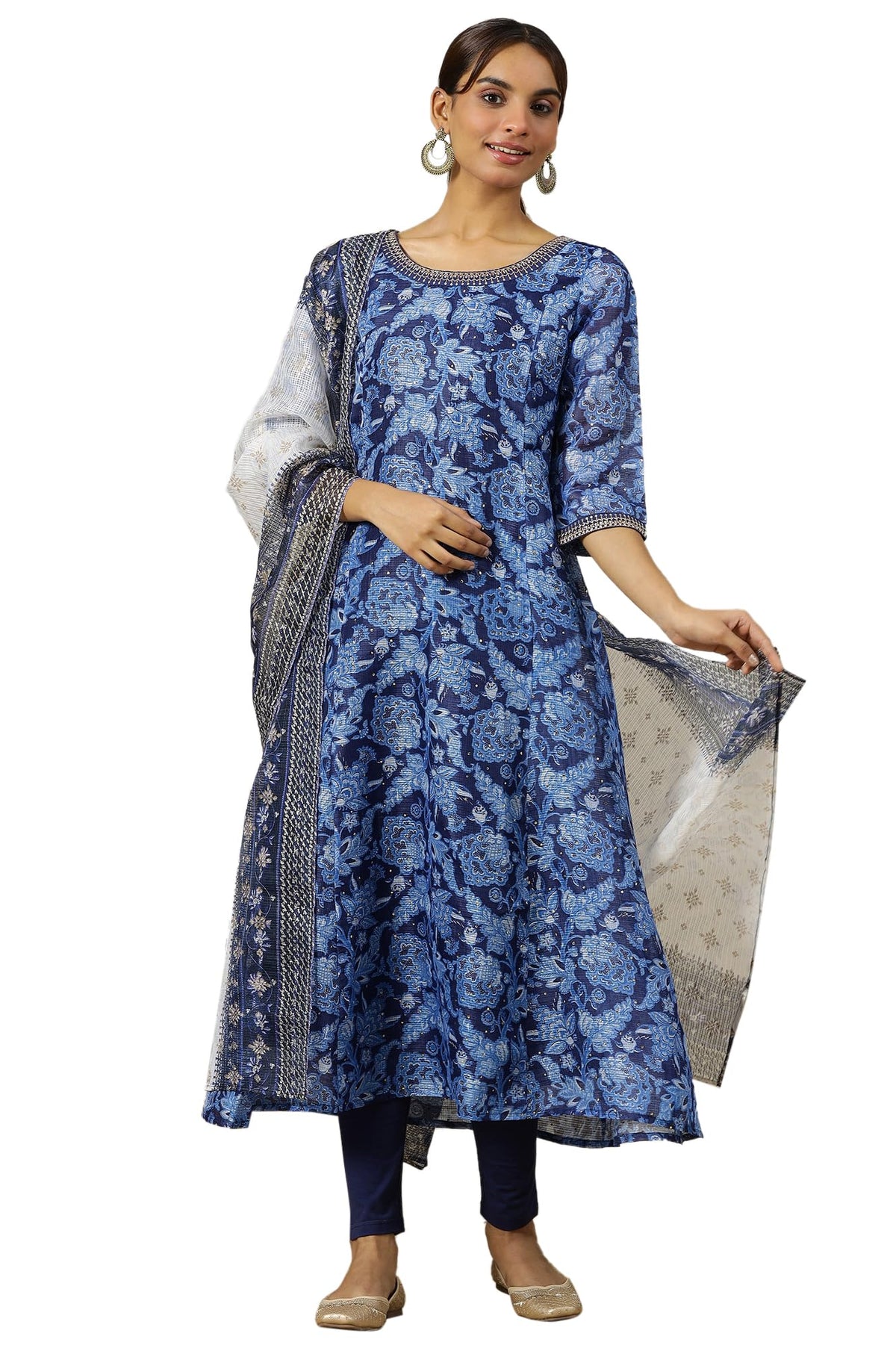 Blue And White Floral Printed Kota Doria Light-Weight Sheet Dupatta