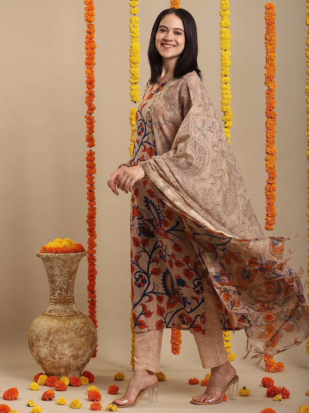 ANNI DESIGNER Ladies Rayon Blend Kurta with Trousers and Dupatta, beige, L