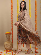 ANNI DESIGNER Ladies Rayon Blend Kurta with Trousers and Dupatta, beige, L