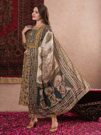ANNI DESIGNER Ladies Cotton Blend Straight Print Cropped Trousers and Dupatta Kurta, Mustard, L