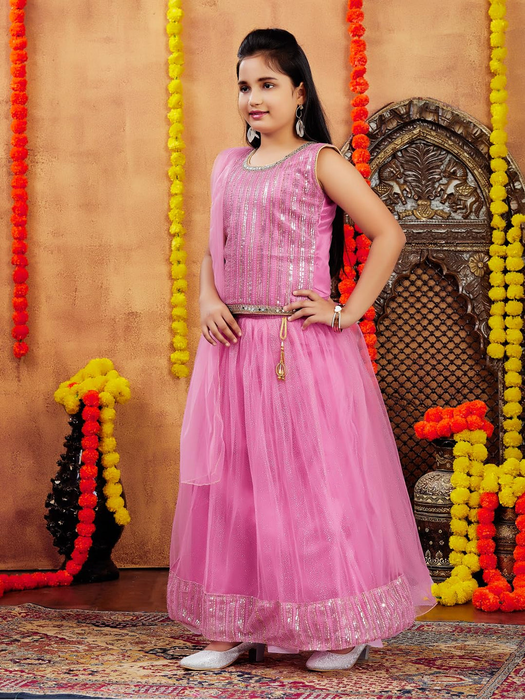 Aarika Girls Ethnic Wear Pink Colour Sequin Embroidery Net Lehenga Choli Set (10-15 Years)