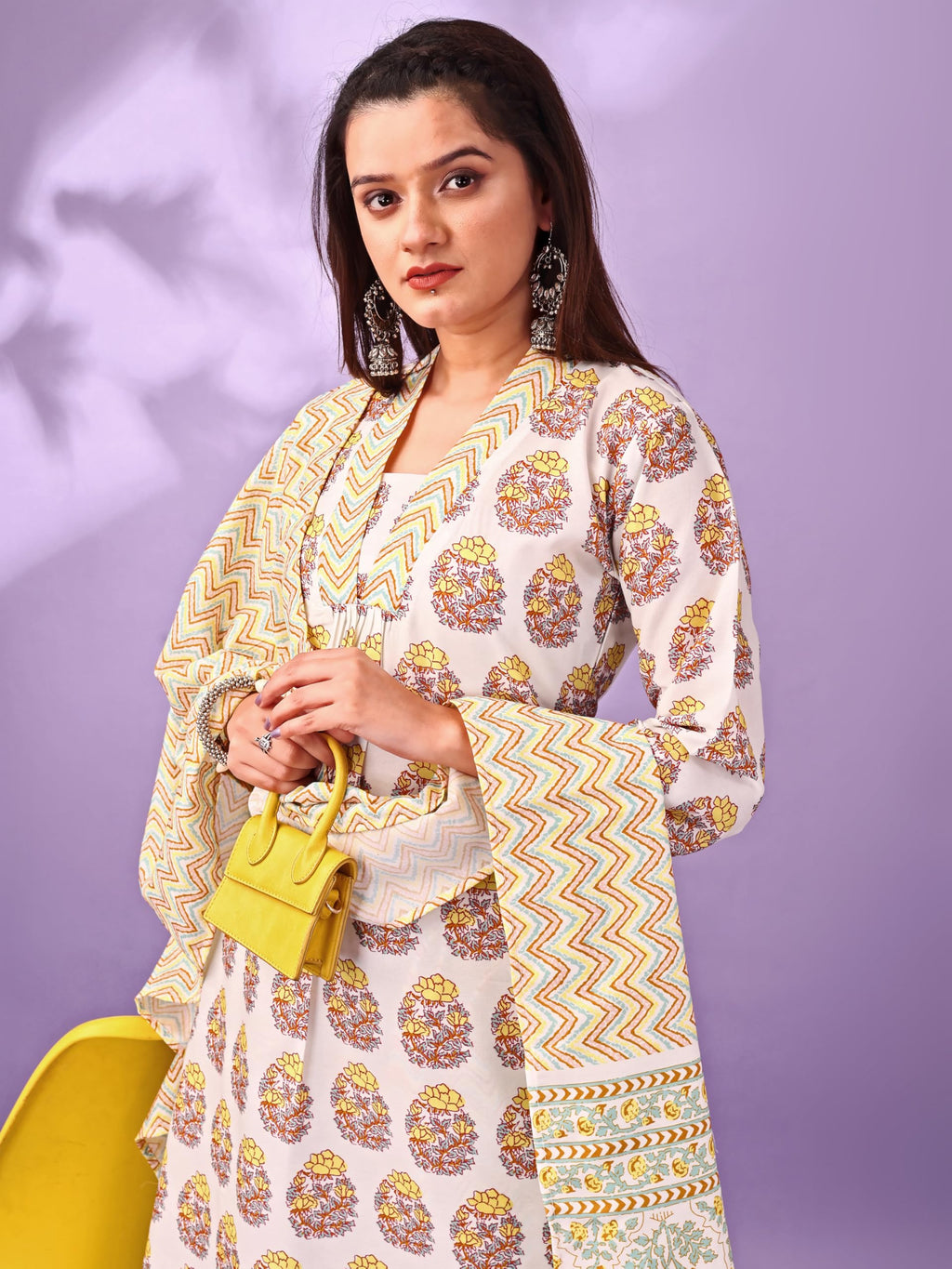 Gufrina Women'S Printed Cotton Kurta Pant Dupatta Set | V-Neck, 3/4 Sleeve Ethnic Wear, Casual & Festive Occasions