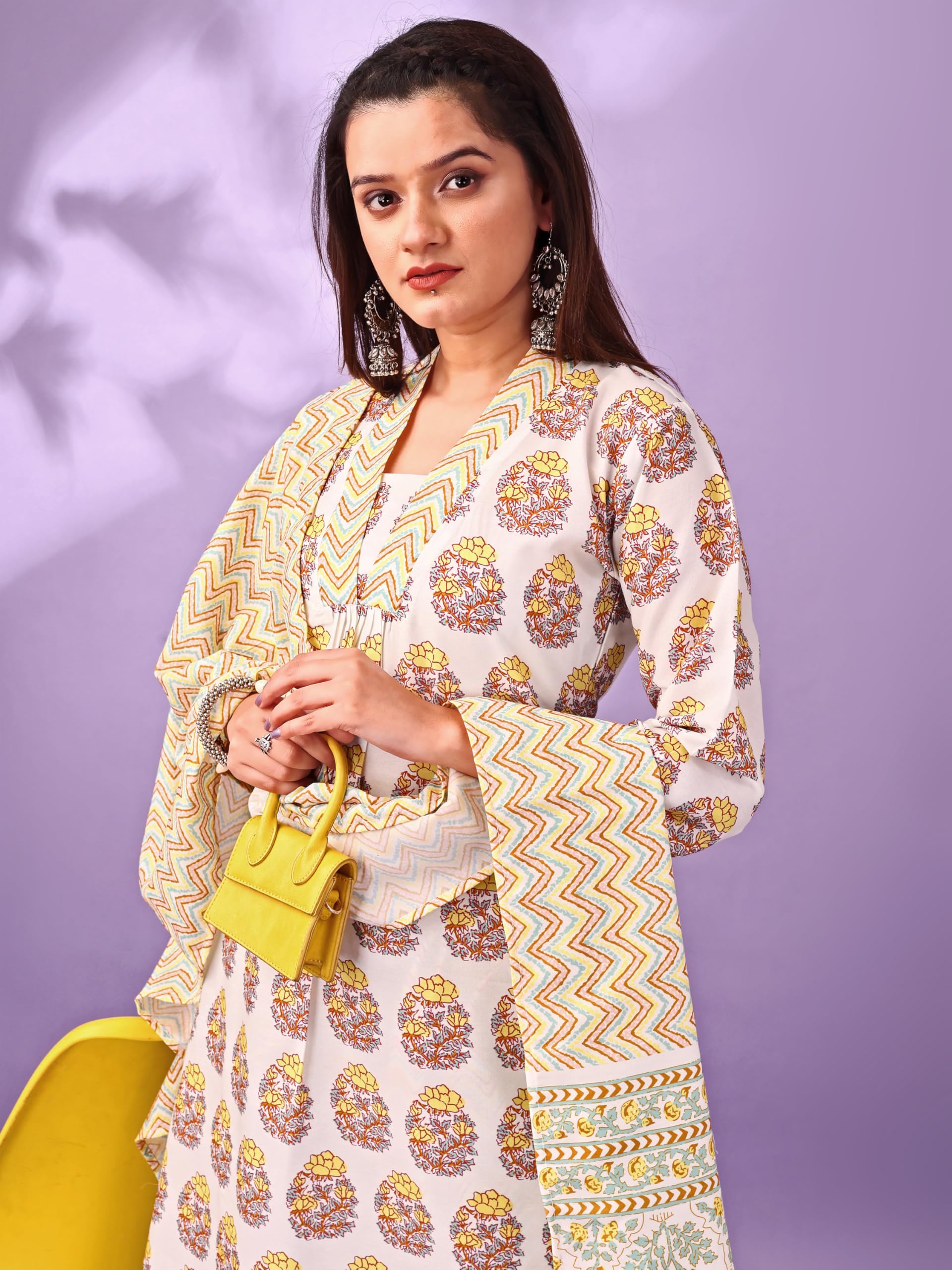 Gufrina Women'S Printed Cotton Kurta Pant Dupatta Set | V-Neck, 3/4 Sleeve Ethnic Wear, Casual & Festive Occasions