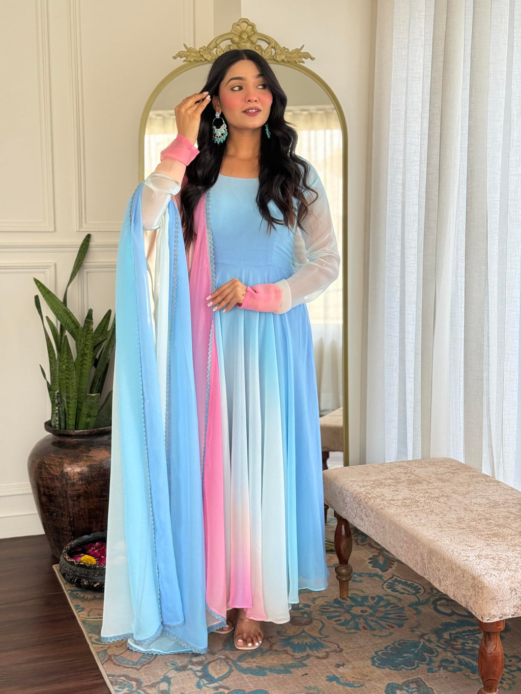 Gosriki Women'S Georgette Anarkali Solid Kurta With Pant & Dupatta