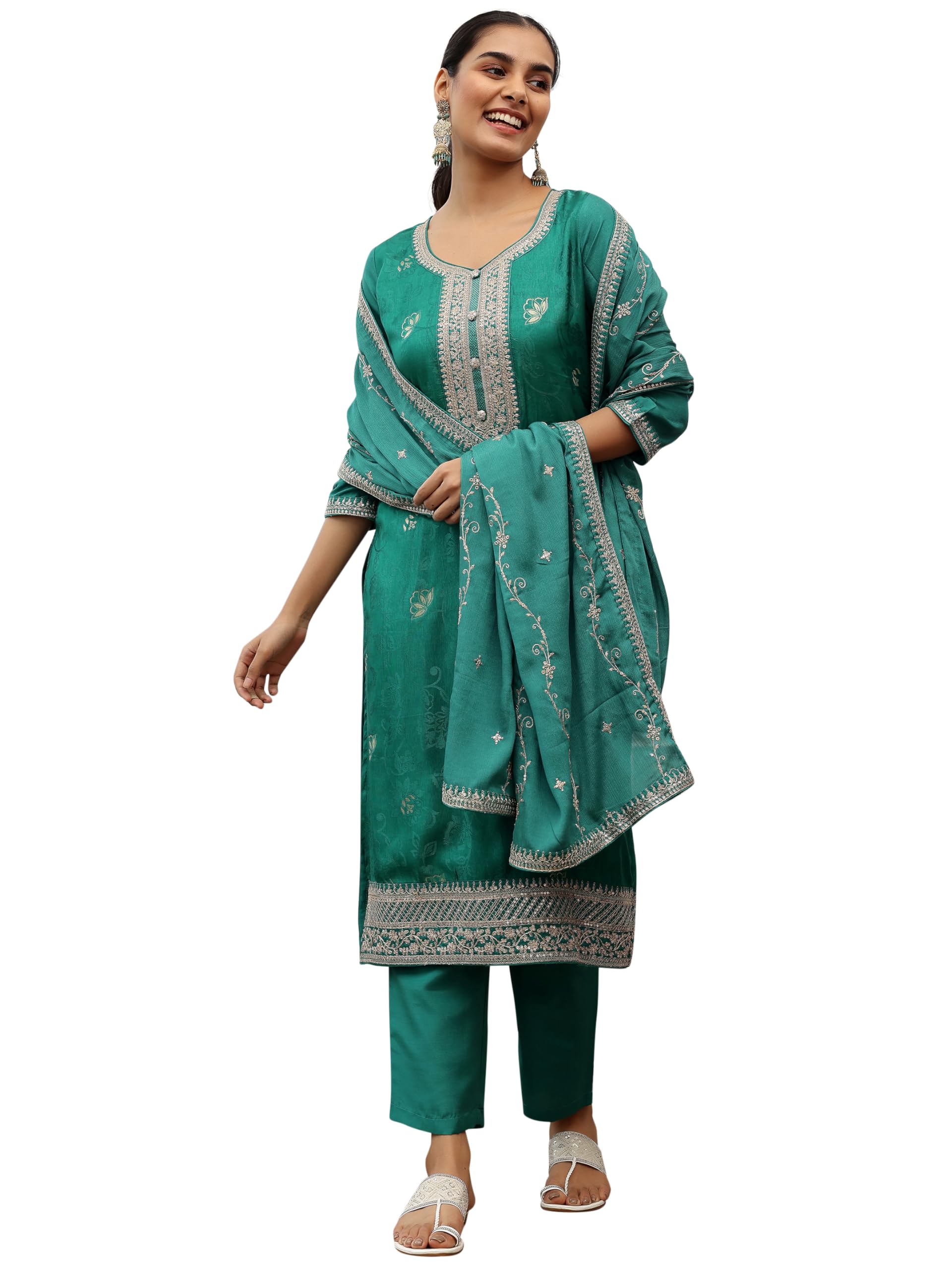 Libas Womens Woven Design Silk Blend Straight Kurta With Palazzos And Dupatta