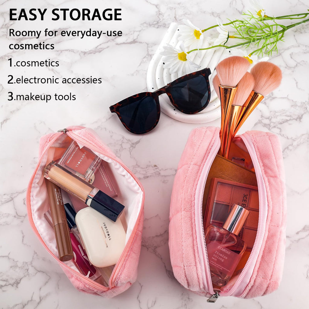 2Pcs Makeup Bag for Women Girls Pencil Pouch Travel Small Cosmetic Bag Set Cute Plush Pink Makeup Pouch Purse Pencil Case Pencil