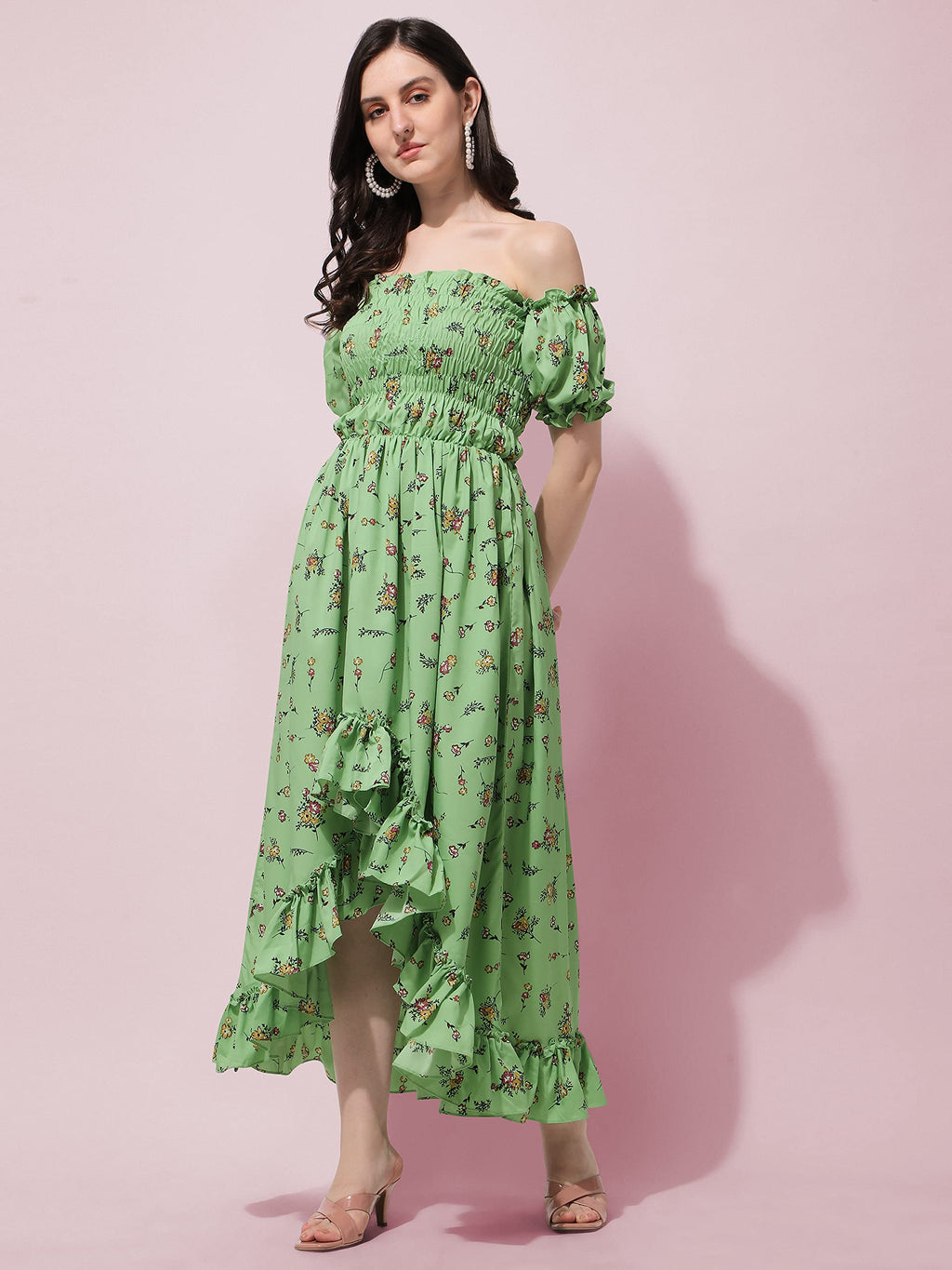 Oomph! Flared Dress For Women Stylish | Long One Piece For Women | Off Shoulder Puff Sleeve Long Dress | Floral Print Maxi One P