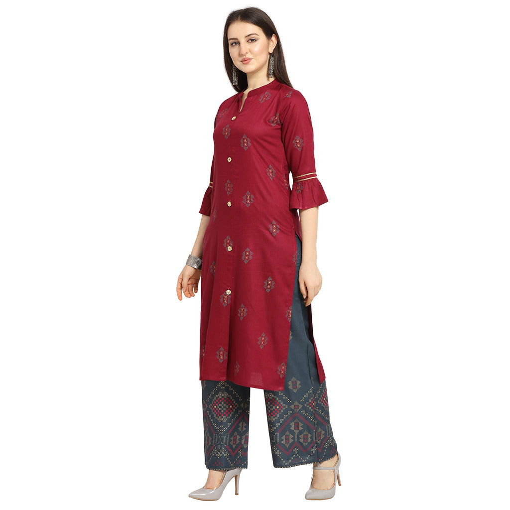 Oomph! Straight Cotton Kurti Palazzo Set For Women