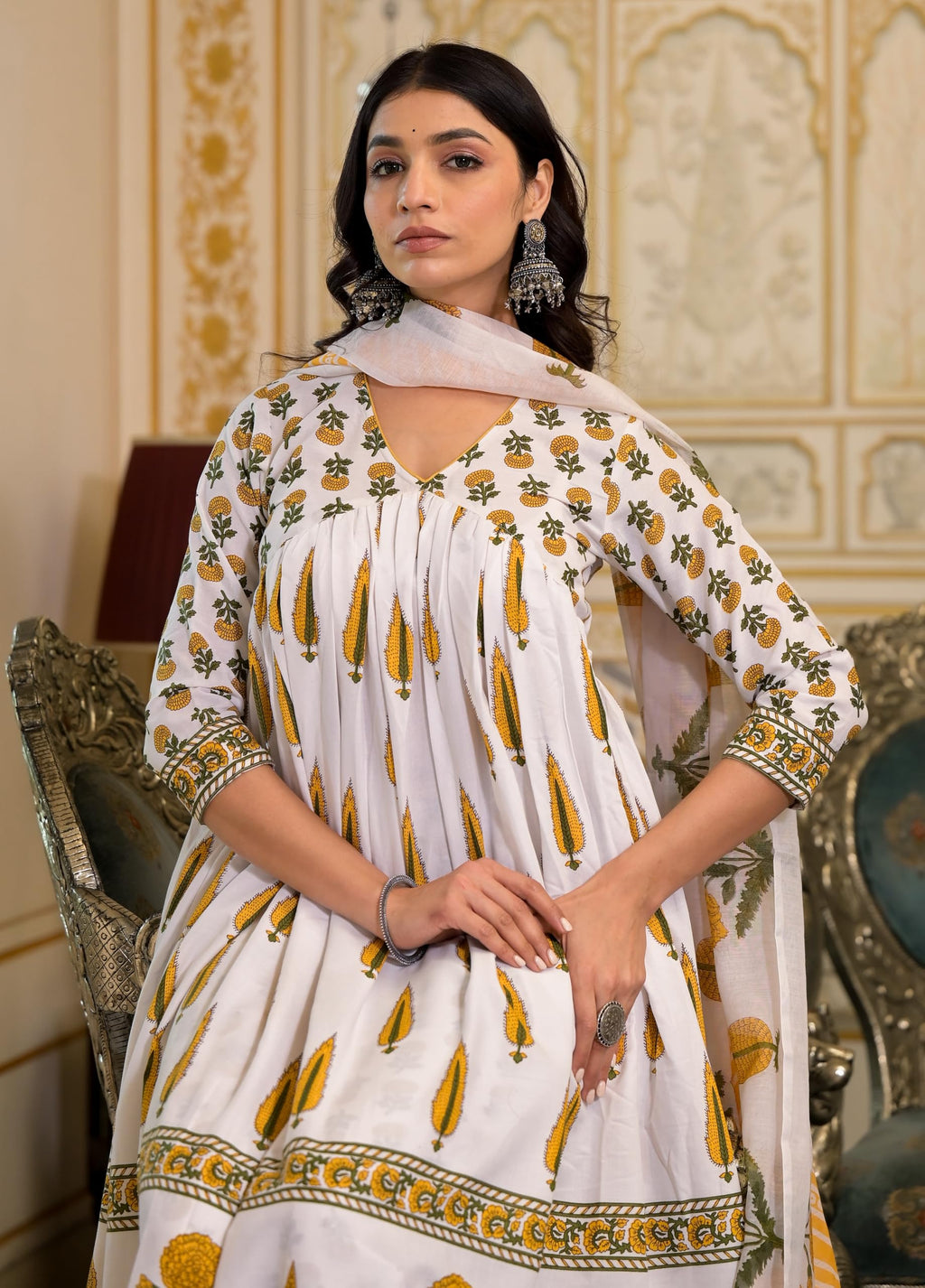 Nermosa Women Printed Anarkali Kurta And Pant Set With Dupatta (In, Alpha, L, White)