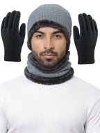 Weavers Villa Snow Proof Inside Fur Acro Unisex Beanie Cap with Neck Warmer & Woollen Gloves Set Knit Hat Thick Fleece Lined Win