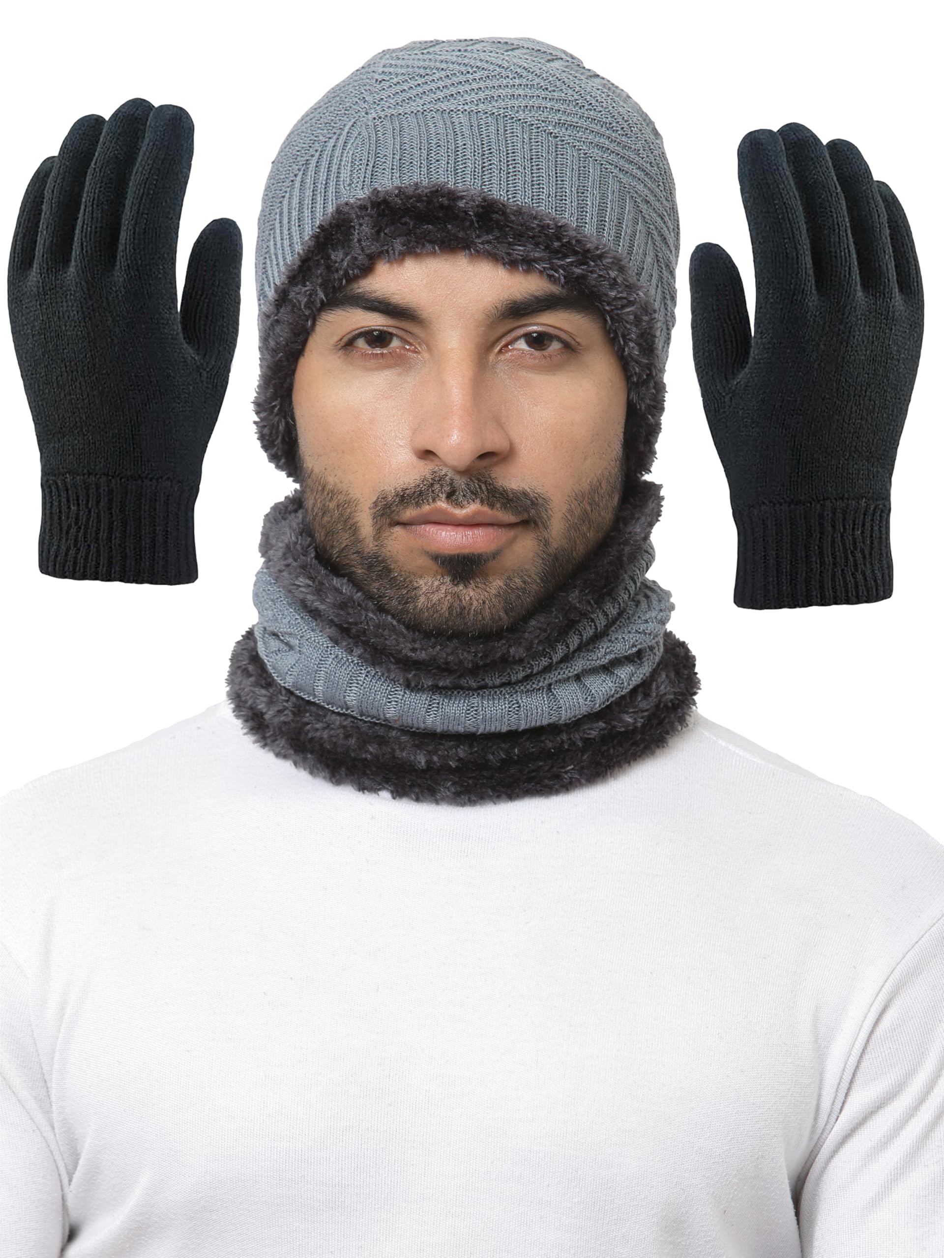 Weavers Villa Snow Proof Inside Fur Acro Unisex Beanie Cap with Neck Warmer & Woollen Gloves Set Knit Hat Thick Fleece Lined Win