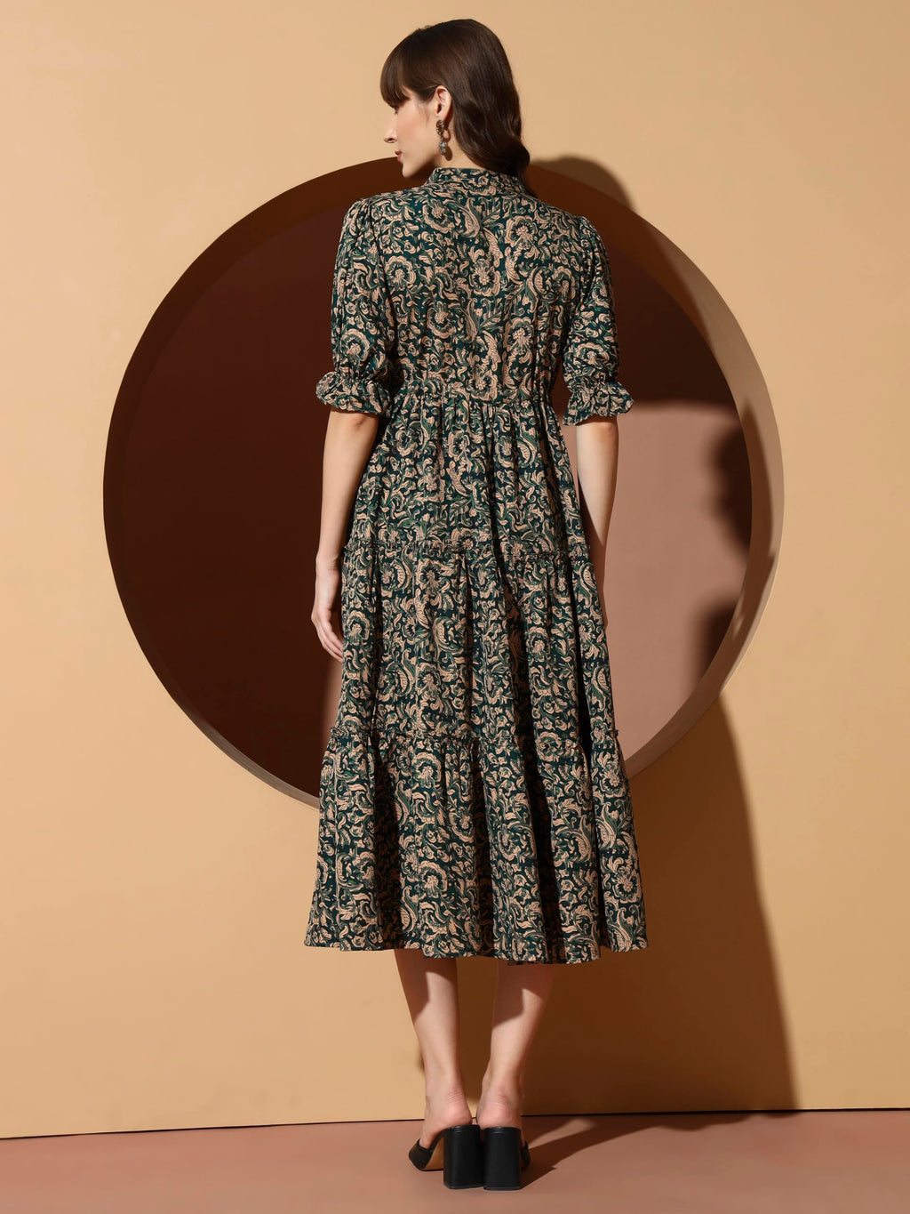 Kzully | Dress For Women | Midi Dress | Floral Printed | Polyester Fabric | Bell Sleeve Ethnic A-Line | Tiered Fit & Flare | Cas