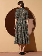 Kzully | Dress For Women | Midi Dress | Floral Printed | Polyester Fabric | Bell Sleeve Ethnic A-Line | Tiered Fit & Flare | Cas
