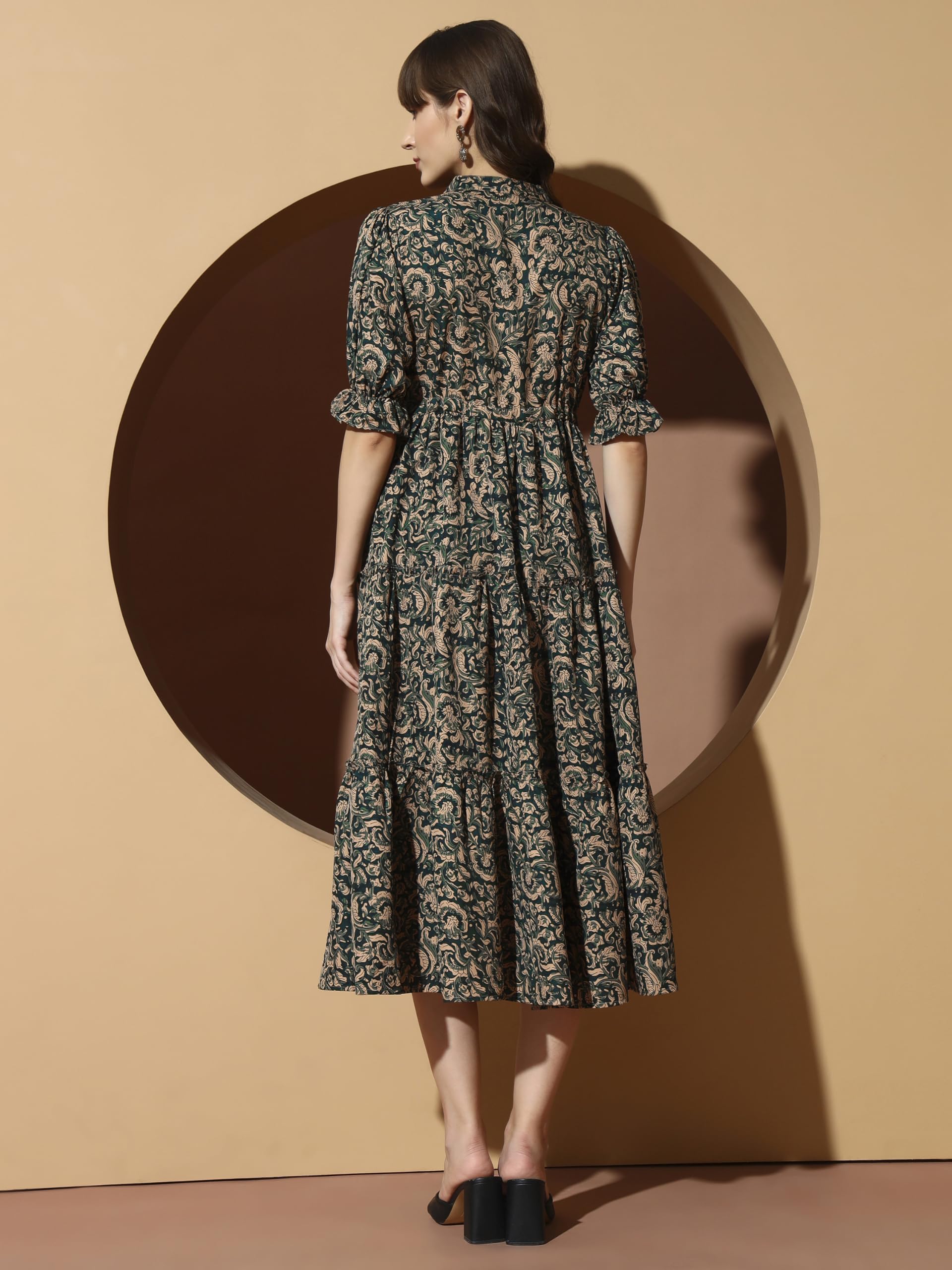 Kzully | Dress For Women | Midi Dress | Floral Printed | Polyester Fabric | Bell Sleeve Ethnic A-Line | Tiered Fit & Flare | Cas