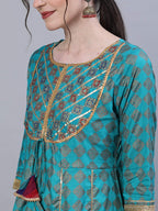 Ishin Women'S Viscose Rayon Embroidered Gotta Patti Blue Checked Print A-Line Kurta Suit Set With Dupatta & Sharara