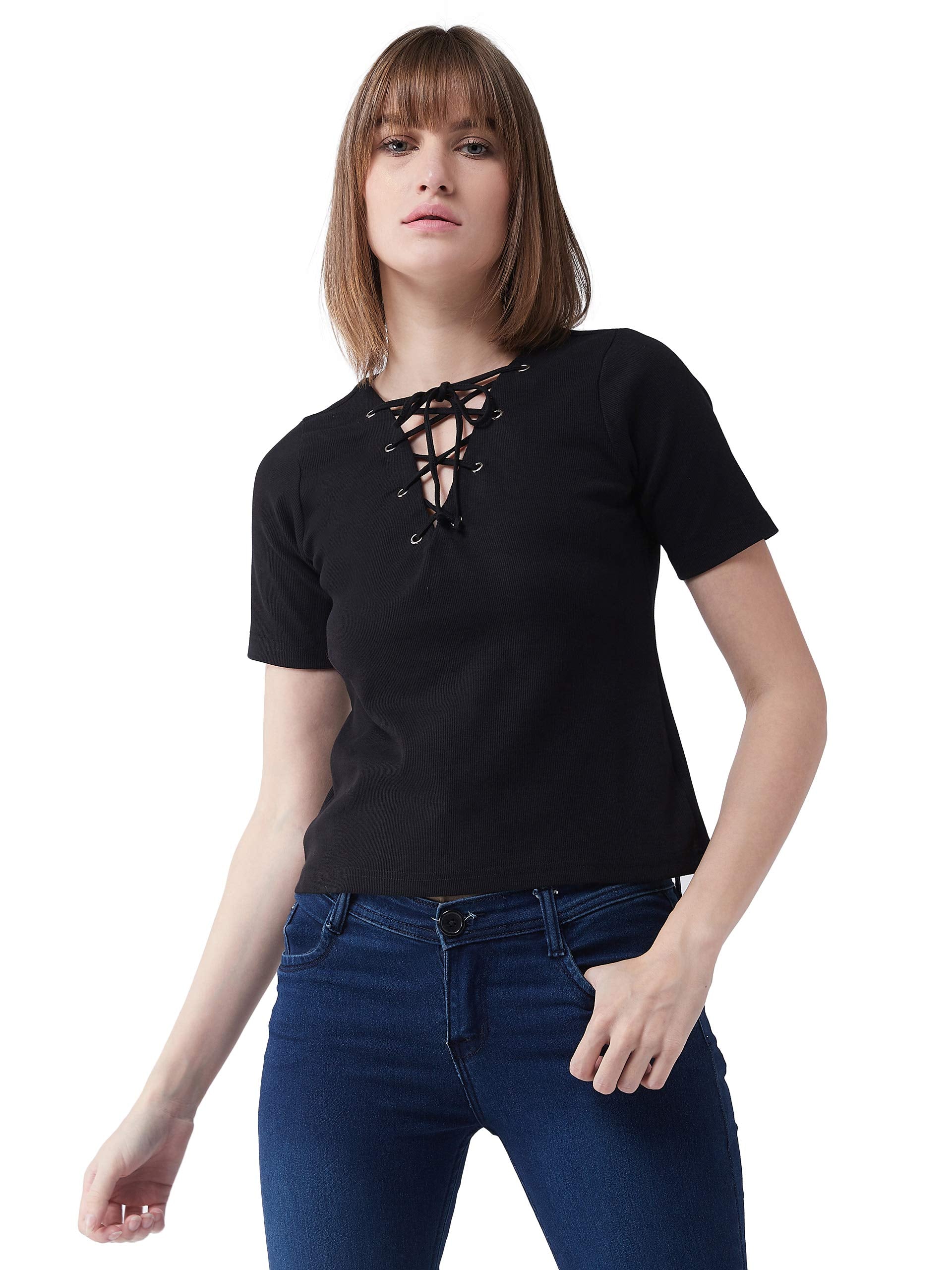 Miss Chase WomenS Black V-Neck Short Sleeves Plain Solid Criss Cross Tie-Up Top (Mcaw17Tp08-71-62-02, Black, X-Small)