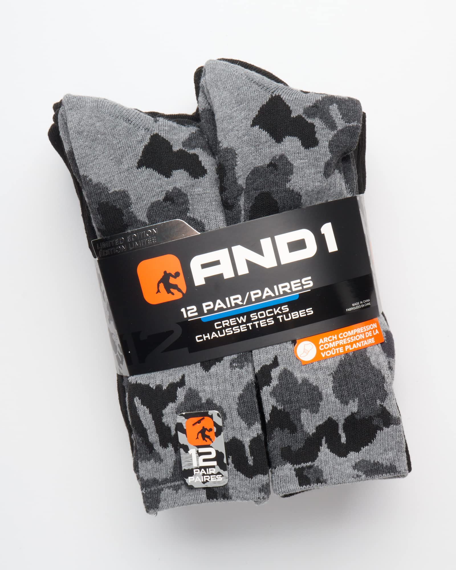 AND1 Men's Athletic Arch Compression Cushion Comfort Crew Socks (12 Pack), Size 6-12.5, Black Camo