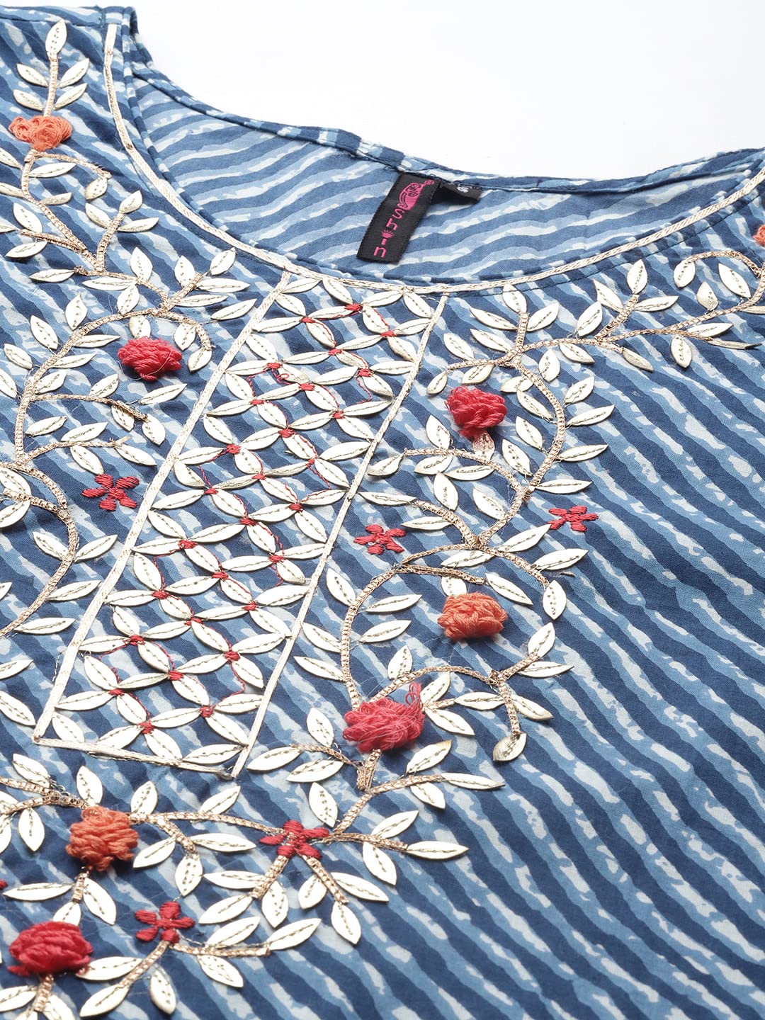 Ishin Women'S Cotton Blue Embroidered A-Line Kurta Set With Trouser & Dupatta