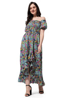 Oomph! Flared Dress For Women Stylish | Long One Piece For Women | Off Shoulder Puff Sleeve Long Dress | Floral Print Maxi One P