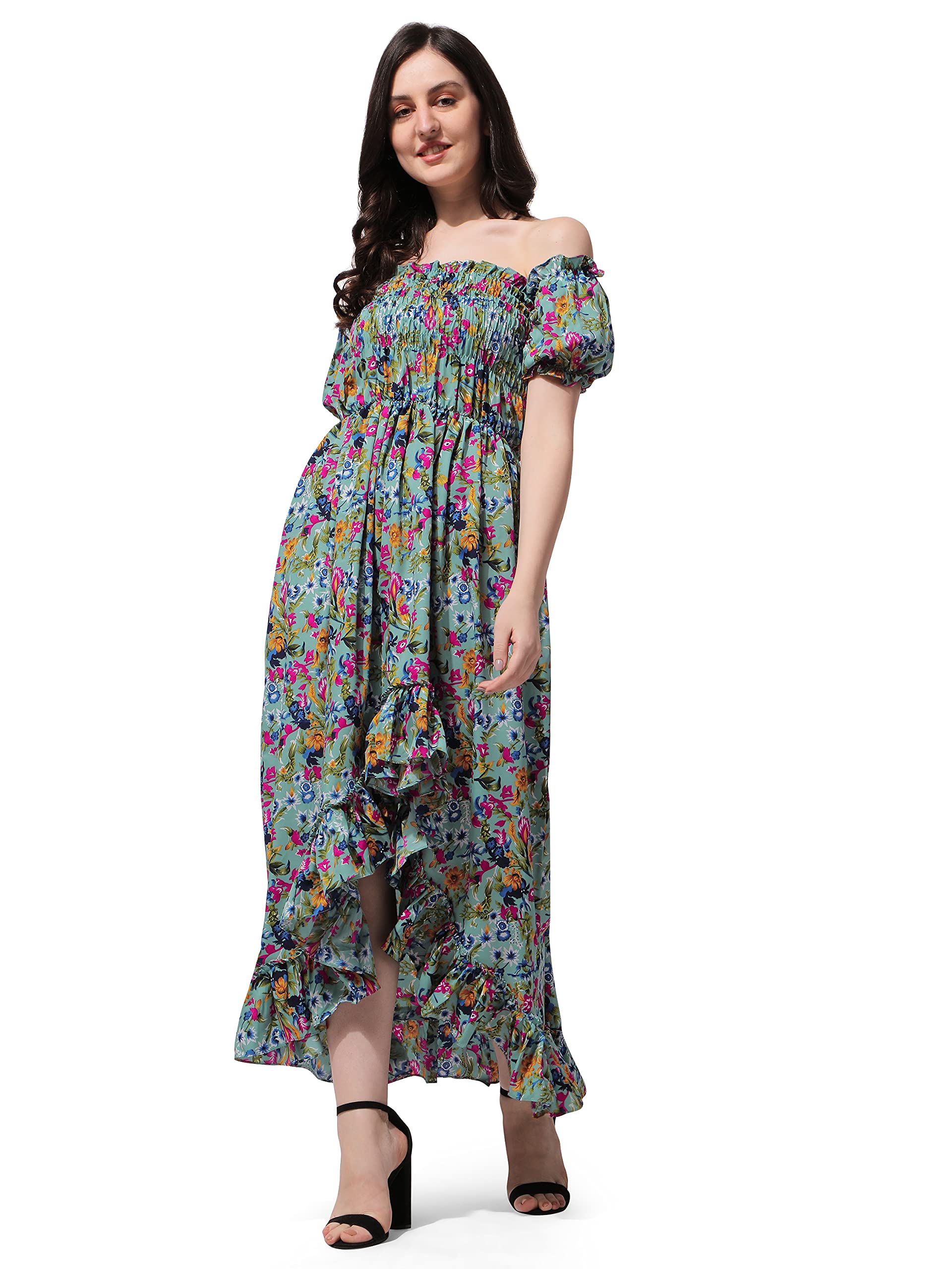 Oomph! Flared Dress For Women Stylish | Long One Piece For Women | Off Shoulder Puff Sleeve Long Dress | Floral Print Maxi One P