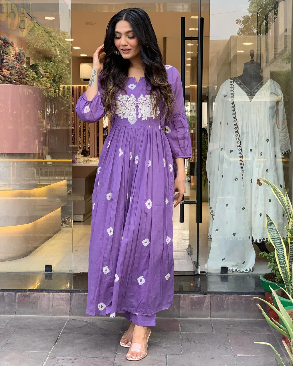 ANNI DESIGNER Women s Anarkali Printed Rayon Blend Kurta with Pants, purple, S