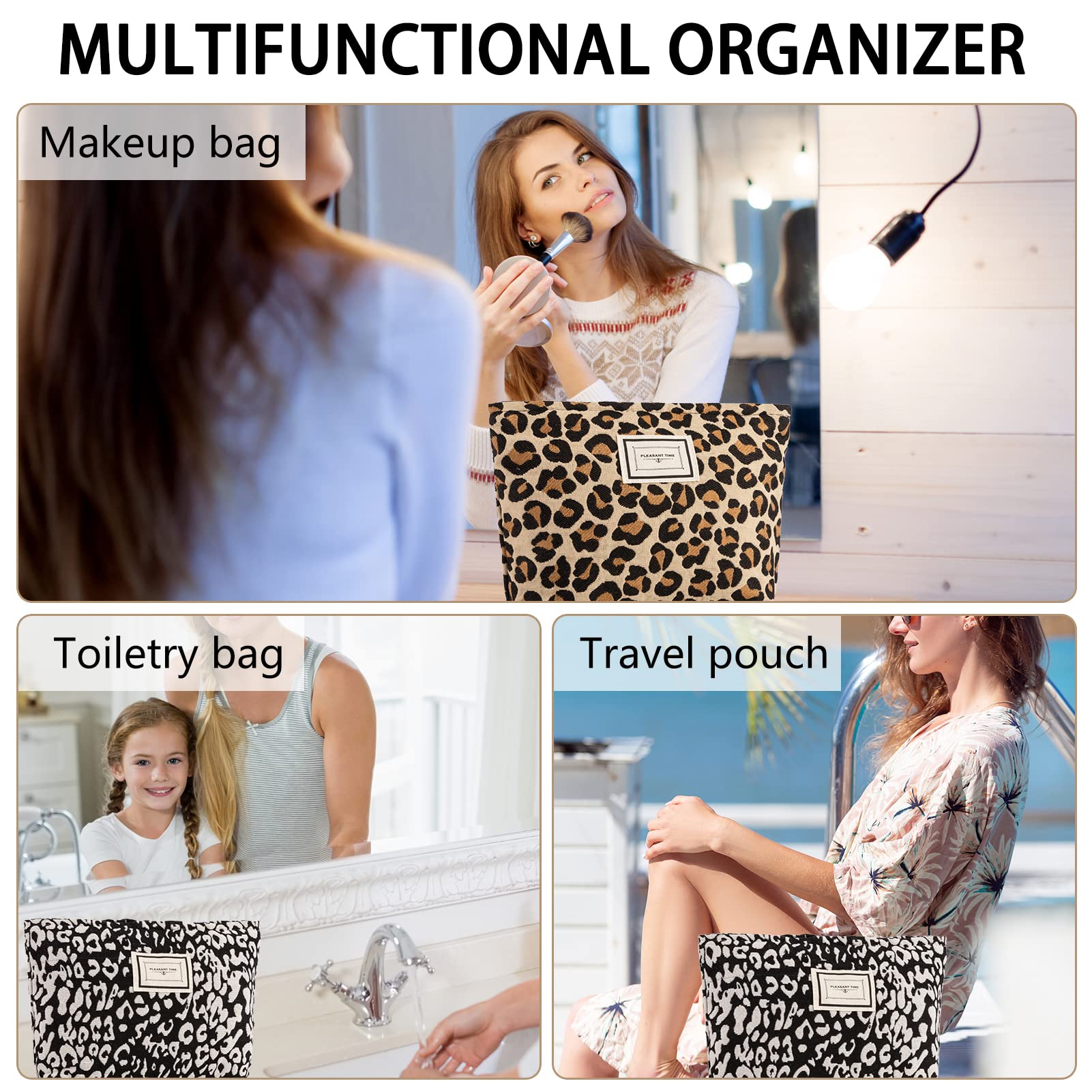 ZLFSRQ 2Pcs Leopard Print Makeup Bags for Women Zipper Makeup Pouch for Purse Large Capacity Travel Cosmetic Bag Canvas Makeup B