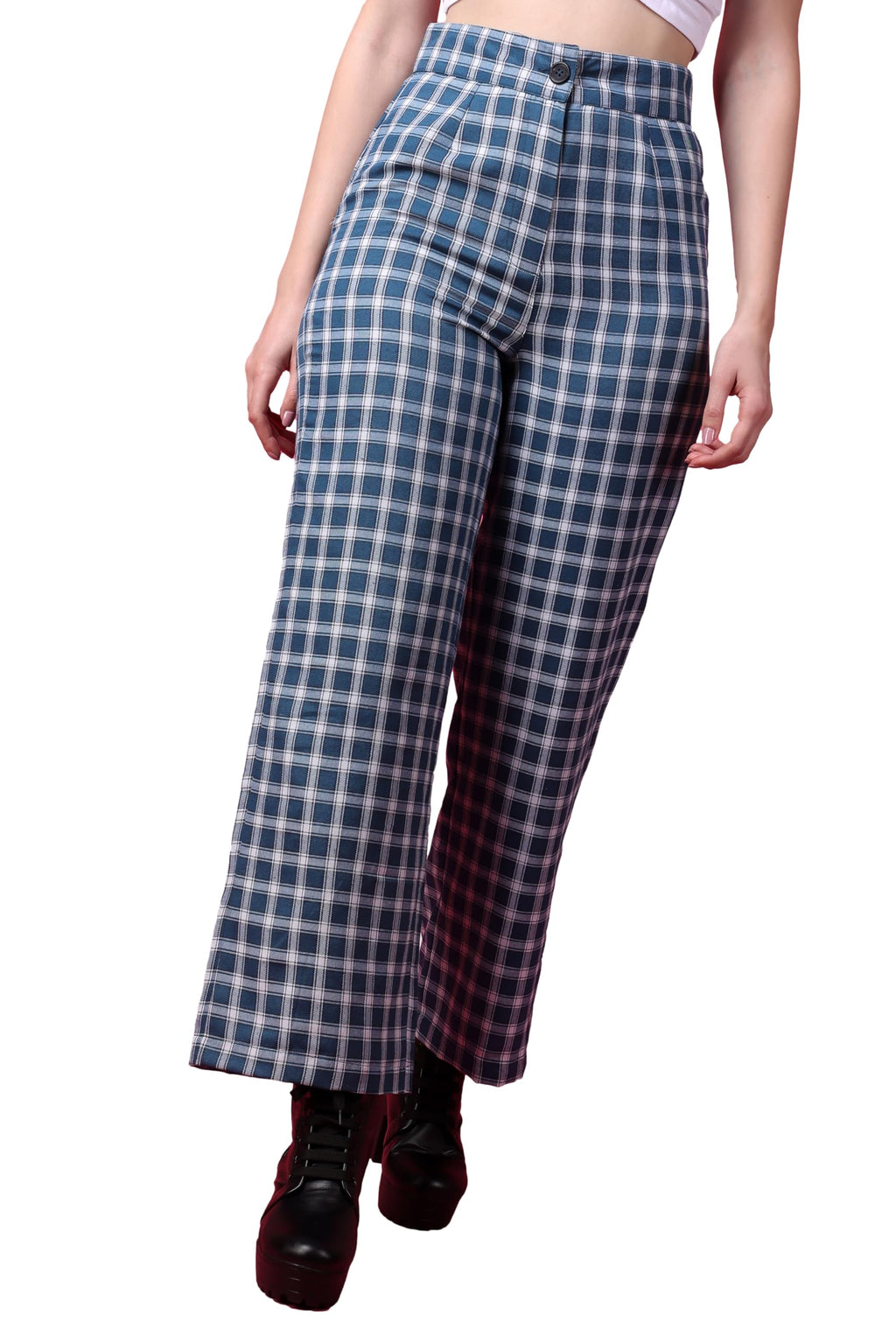 POPWINGS Casual Check Print Button and Zip Closure Trouser for Women | Western Wide-Leg Trouser for Women | Summer Trousers for 