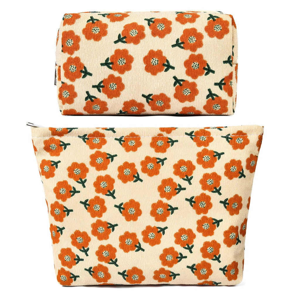 SOIDRAM 2 Pieces Flower Makeup Bag Large Corduroy Cosmetic Bag Capacity Canvas Mix Travel Toiletry Bag Organizer Cute Makeup Bru