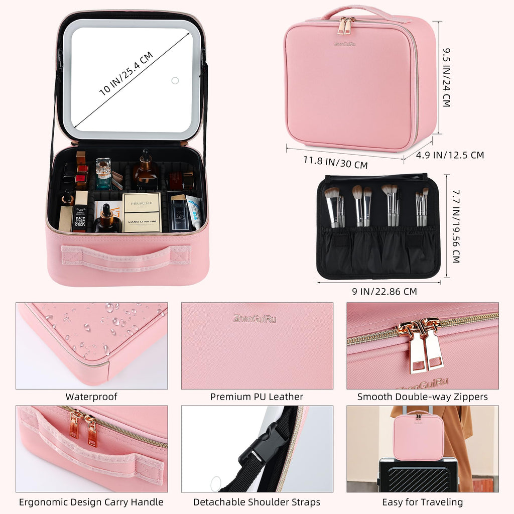 ZhenGuiRu Travel Makeup Bag with LED Lighted Mirror 3 Color Scenarios Adjustable Brightness, Waterproof Cosmetic Train Case Orga