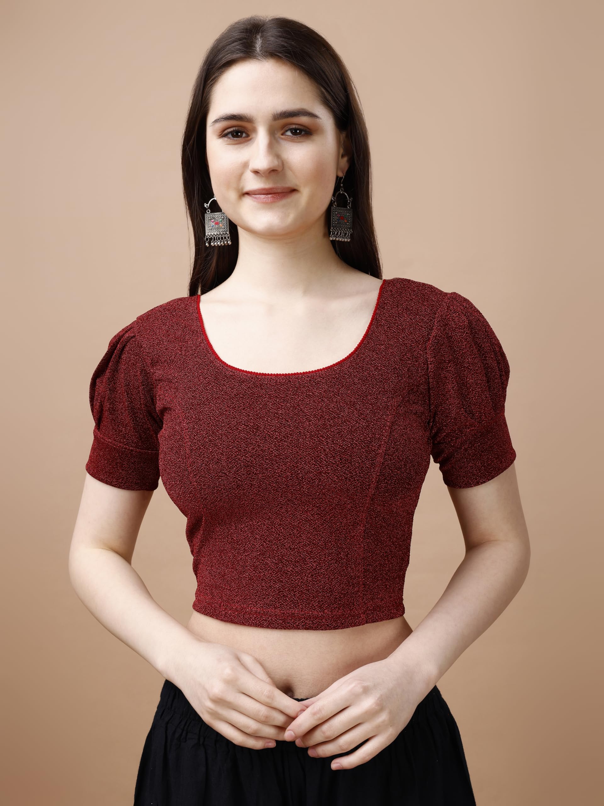 Pujia Mills Womens Readymade Shining Lycra Stretchable Round Neck Half Puff Sleeve Blouses Lycra Stretchable red Color Blouse f